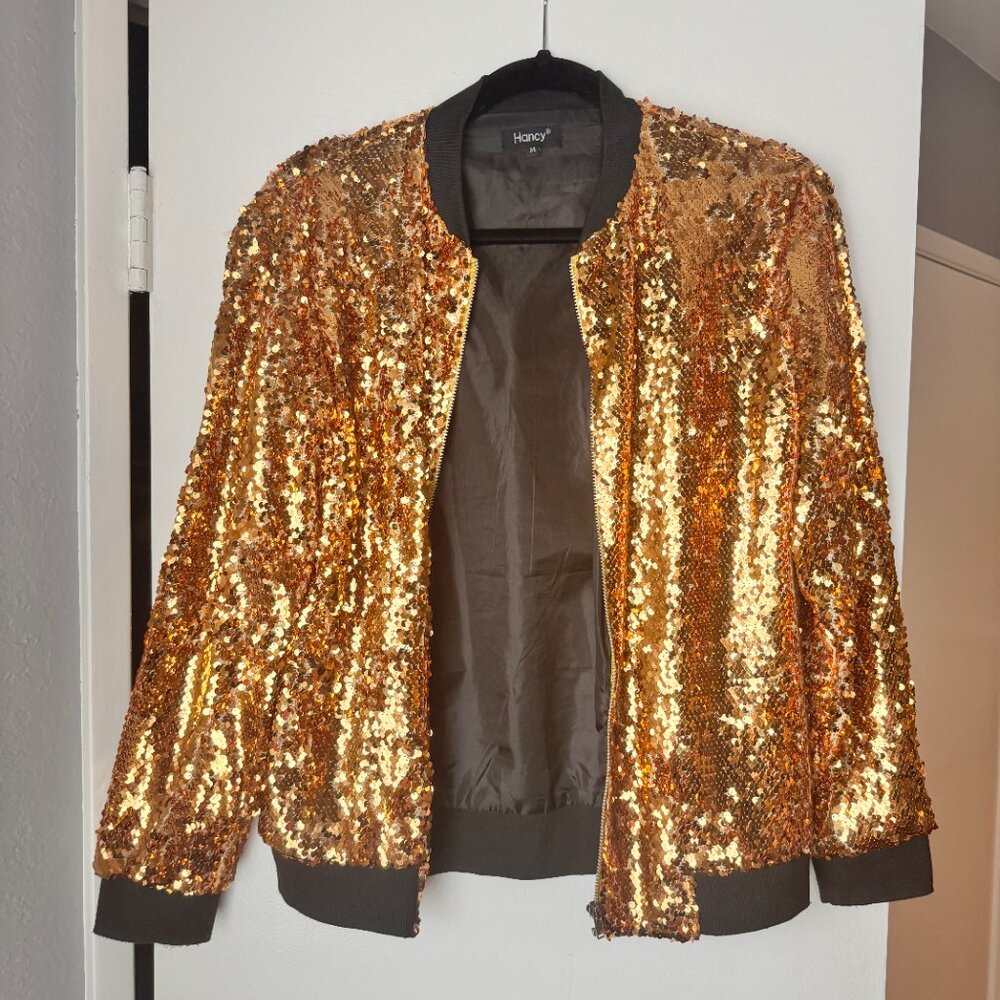 Gold Sequin Fitted Long Sleeve Bomber Jacket, Zip-Up Crew-neck